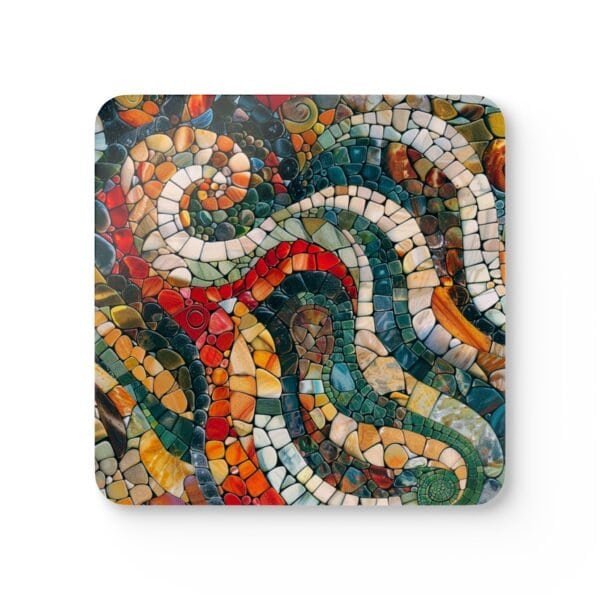 Square coaster with a mosaic design in teal, red, tan jewel tones.