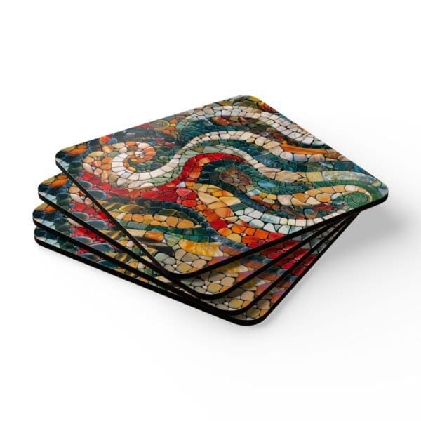 Square coaster set with a mosaic design in teal, red, tan jewel tones.