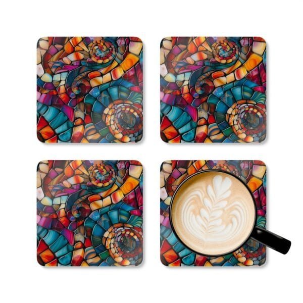 Set of 4 square coasters with a mosaic design in jewel tones. Shown with a mug for scale.
