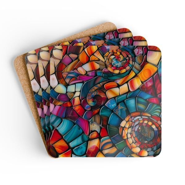 Set of 4 square coasters with a mosaic design in jewel tones. Shown stacked on a table.