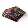 Set of 4 square coasters with a mosaic design in jewel tones. Shown stacked on a table.