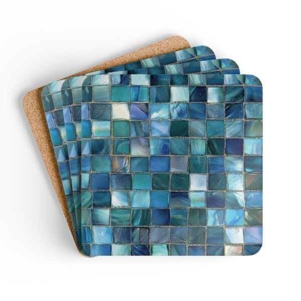 Colorful square mosaic design in shades of turquoise and teals coaster flat on table.