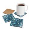 Colorful square mosaic design in shades of turquoise and teals coaster flat on table.