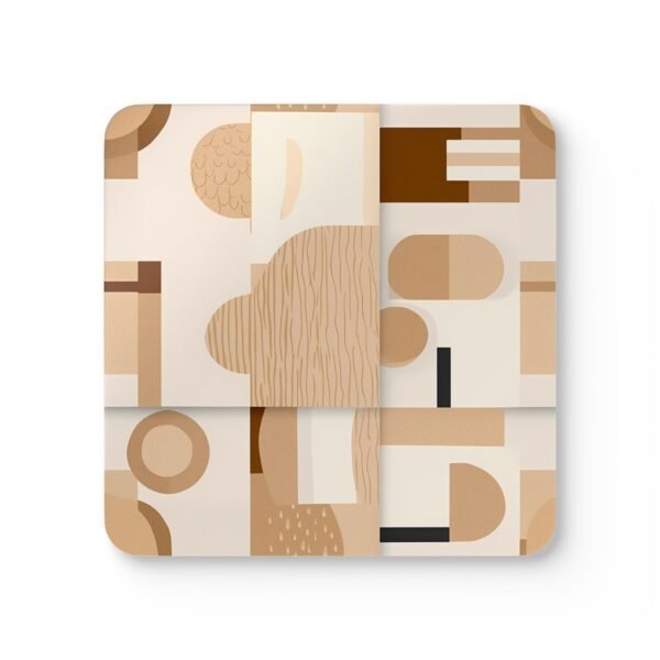 Square coaster with neutral tan, beige and soft brown abstract shapes print.