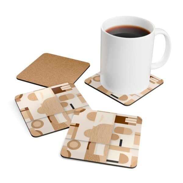 Set of four square coasters with neutral tan, beige and soft brown abstract shapes printed on them. Shown with a mug for scale.
