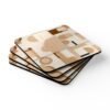 Set of four square coasters with neutral tan, beige and soft brown abstract shapes printed on them. Shown stacked on a table.