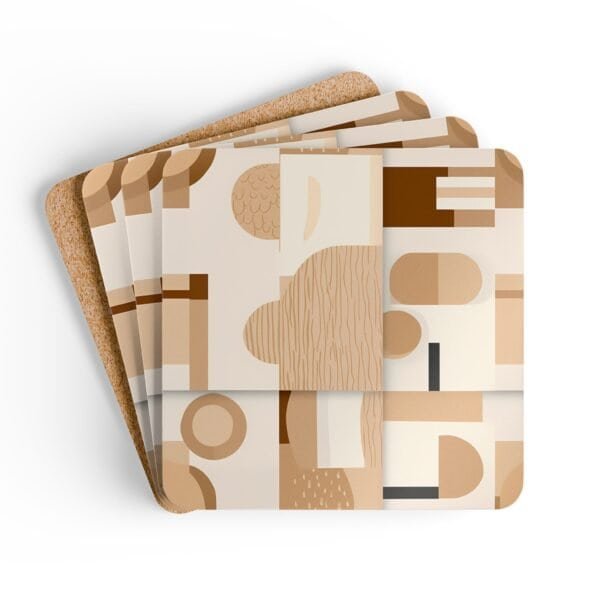Set of four square coasters with neutral tan, beige and soft brown abstract shapes printed on them. Shown stacked on a table.