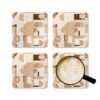 Set of four square coasters with neutral tan, beige and soft brown abstract shapes printed on them. Shown with a mug for scale.
