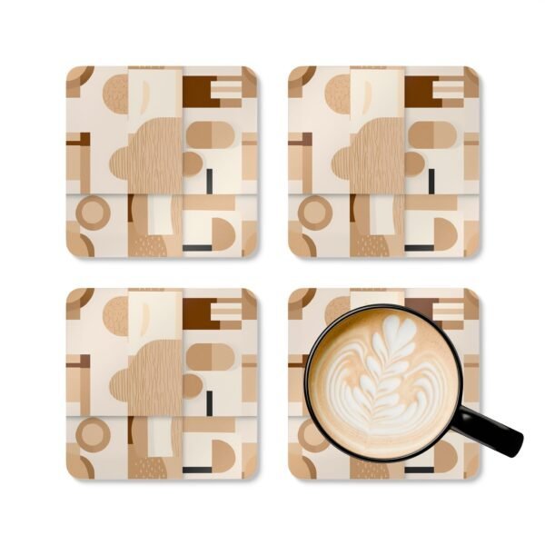 Set of four square coasters with neutral tan, beige and soft brown abstract shapes printed on them. Shown with a mug for scale.