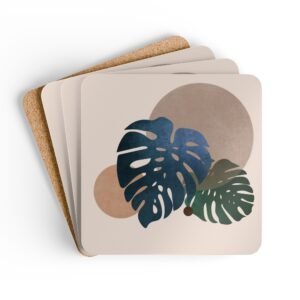 Set of four square coasters with a neutral boho design with Monstera leaves. Shown stacked on a table.