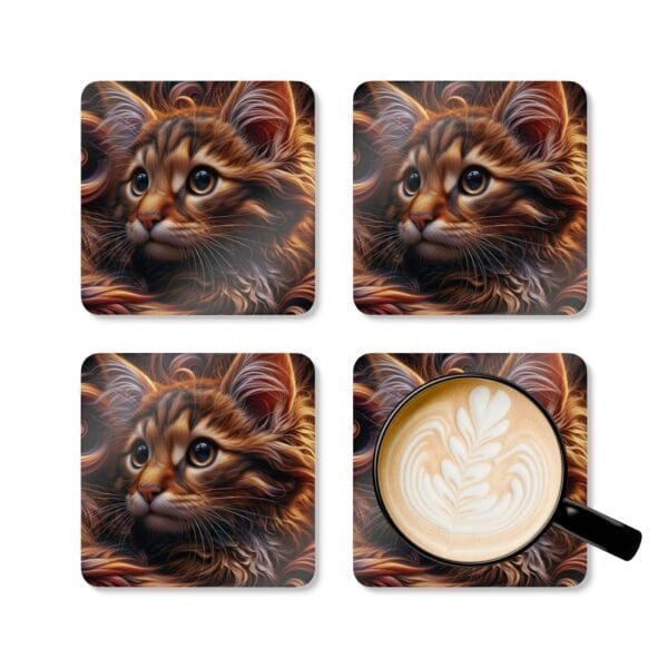 Set of 4 square coasters with image of a curly hair orange cat face. Shown with a mug for scale.