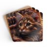 Set of 4 square coasters with image of a curly hair orange cat face. Shown stacked on a table.