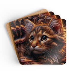 Set of 4 square coasters with image of a curly hair orange cat face. Shown stacked on a table.