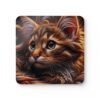 Square coaster with image of a curly hair orange cat face.