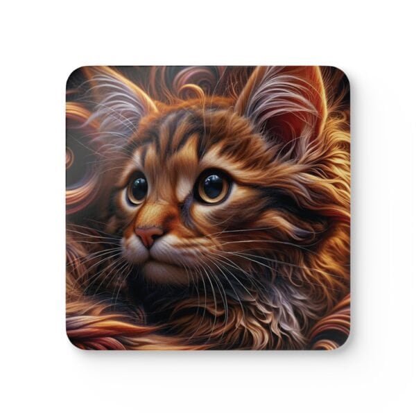 Square coaster with image of a curly hair orange cat face.