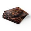 Set of 4 square coasters with image of a curly hair orange cat face. Shown stacked on a table.