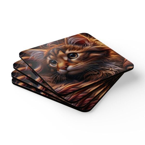 Set of 4 square coasters with image of a curly hair orange cat face. Shown stacked on a table.