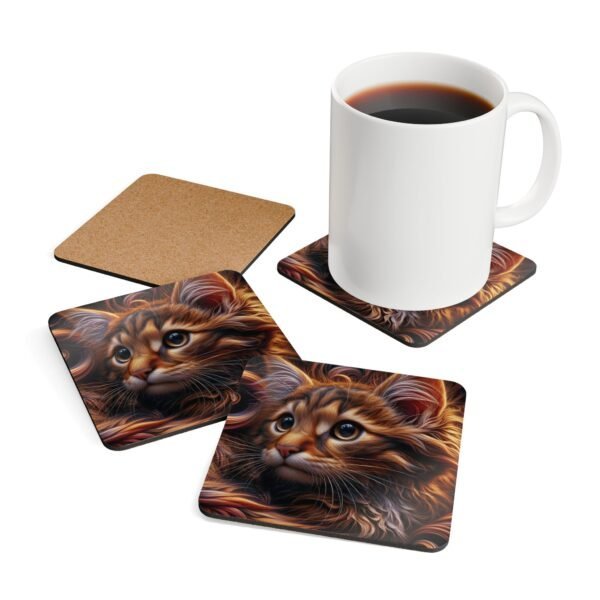 Set of 4 square coasters with image of a curly hair orange cat face. Shown with a mug for scale.