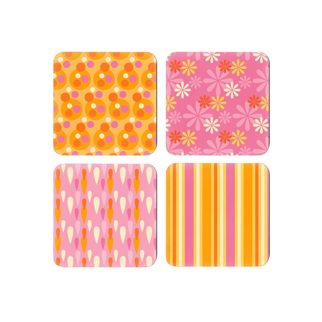 Set of 4 coasters with a retro style pink and orange design on each.