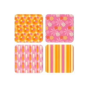 Set of 4 coasters with a retro style pink and orange design on each.