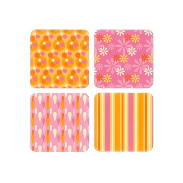 Set of 4 coasters with a retro style pink and orange design on each.