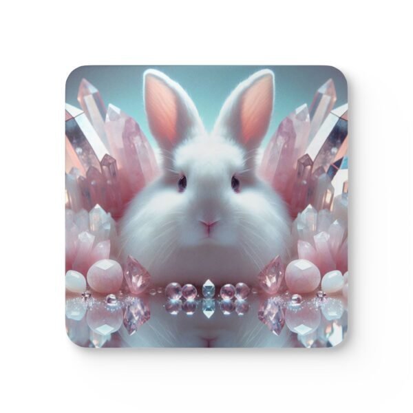 Square white bunny coasters with pink crystals all around.
