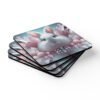 Set of four square white bunny coasters with pink crystals all around. Shown stacked on a table.