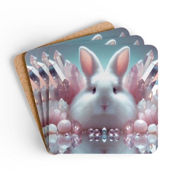 Set of four square white bunny coasters with pink crystals all around. Shown stacked on a table.