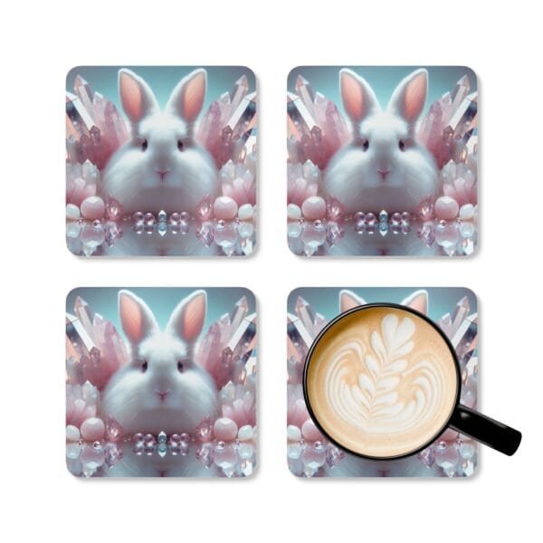 Set of four square white bunny coasters with pink crystals all around. Shown with a mug for scale.