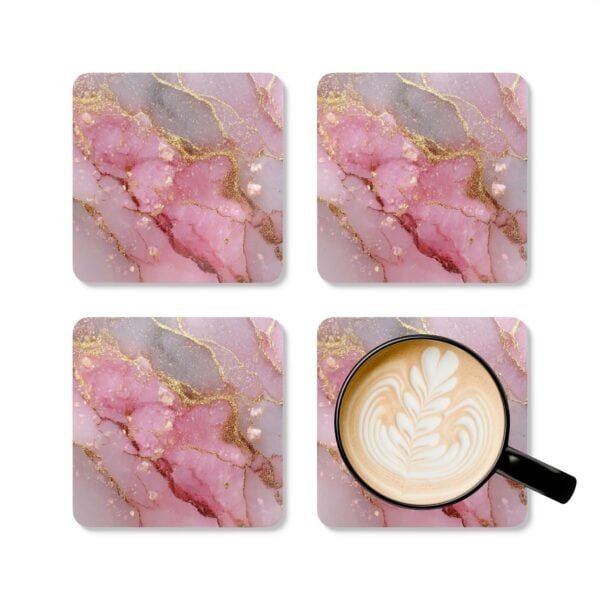 Set of 4 square coasters with pink and gold glitter design print that looks like marble. Shown with a mug for scale.