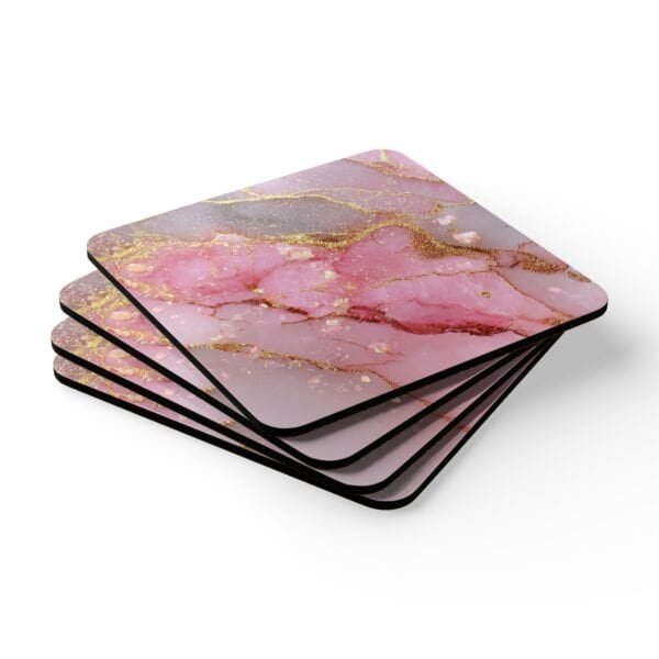 Set of 4 square coasters with pink and gold glitter design print that looks like marble. Shown stacked on a table.