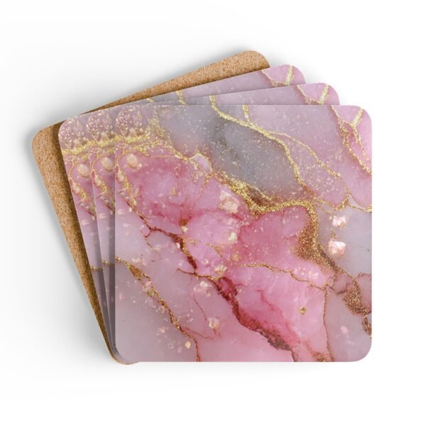 Set of 4 square coasters with pink and gold glitter design print that looks like marble. Shown stacked on a table.