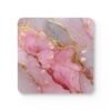 Square coaster with pink and gold glitter design print that looks like marble.