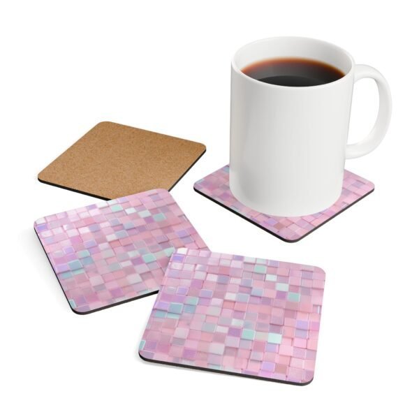 Set of 4 square coasters with image of pink mosaic tiles printed on them. Shown with a mug for scale.