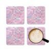 Set of 4 square coasters with image of pink mosaic tiles printed on them. Shown with a mug for scale.