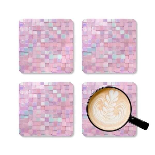 Set of 4 square coasters with image of pink mosaic tiles printed on them. Shown with a mug for scale.