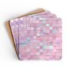 Set of 4 square coasters with image of pink mosaic tiles printed on them. Shown stacked on a table.