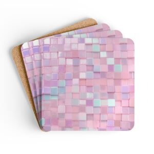 Set of 4 square coasters with image of pink mosaic tiles printed on them. Shown stacked on a table.