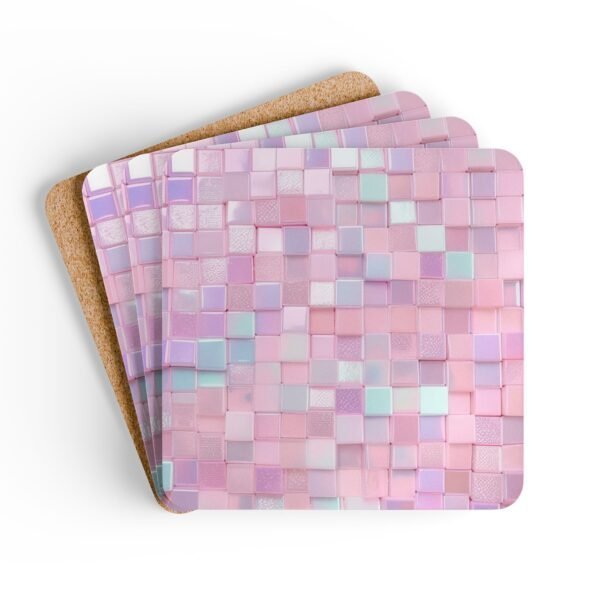 Set of 4 square coasters with image of pink mosaic tiles printed on them. Shown stacked on a table.