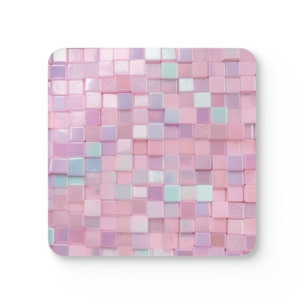 Square coaster with image of pink mosaic tiles printed on it.