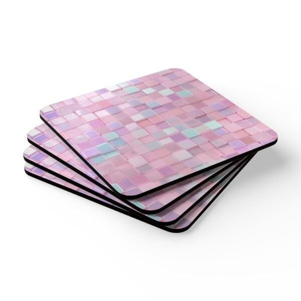 Set of 4 square coasters with image of pink mosaic tiles printed on them. Shown stacked on a table.