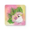 Square coaster with an image of a cute white cockatoo parrot and a pink and yellow watercolor background.