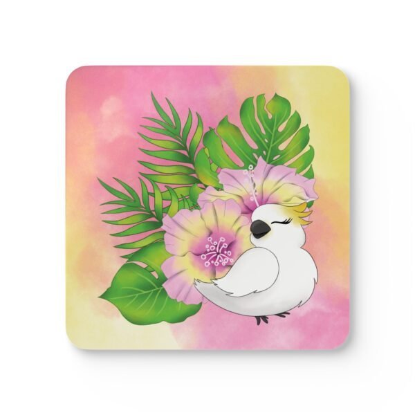 Square coaster with an image of a cute white cockatoo parrot and a pink and yellow watercolor background.