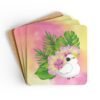 Set of four square coasters with an image of a cute white cockatoo parrot and a pink and yellow watercolor background. Shown stacked on a table.