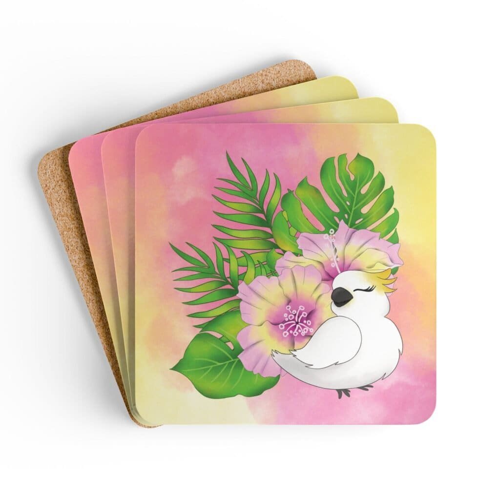 Set of four square coasters with an image of a cute white cockatoo parrot and a pink and yellow watercolor background. Shown stacked on a table.