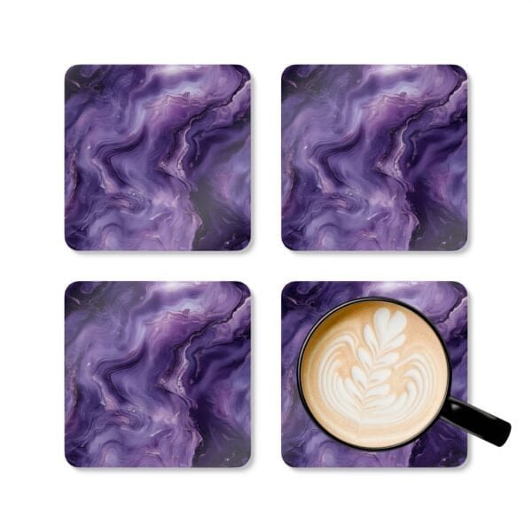 Set of 4 square coasters with purple marble print. Shown with a mug for scale.
