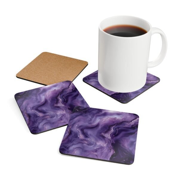 Set of 4 square coasters with purple marble print. Shown with a mug for scale.