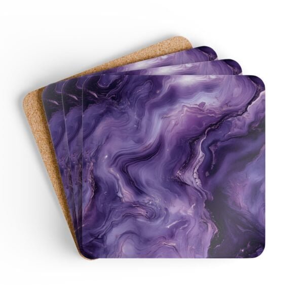 Set of 4 square coasters with purple marble print. Shown stacked on a table.