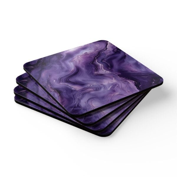 Set of 4 square coasters with purple marble print. Shown stacked on a table.
