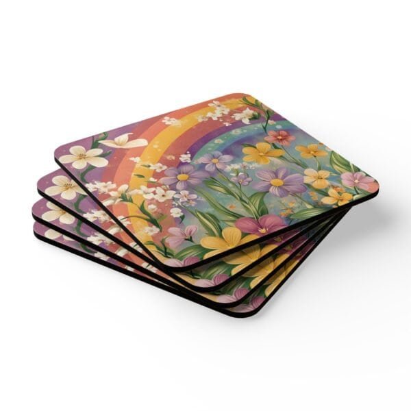 Set of coasters with pastel rainbow colors floral print with a rainbow in the background. Shown stacked on a table.